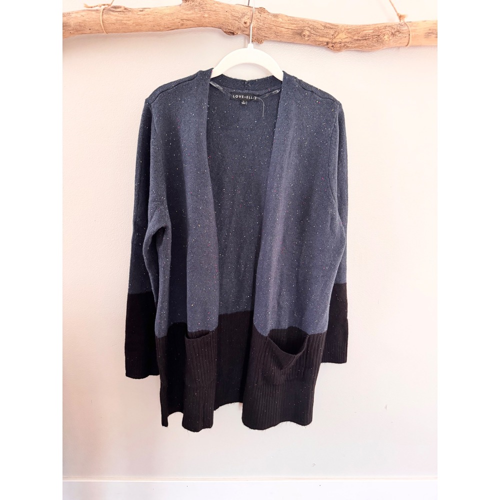Love Ellie Womens Blue Confetti Fleck Colorblock Open Front Cardigan Pockets L